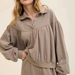 AERIE Soft Life Taupe Brown Textured Oversized Button Front Sweatshirt Women's L